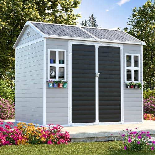 Resin Storage Shed, Waterproof Outdoor Tool Shed with Floor, Double Lockable Doors I89690
