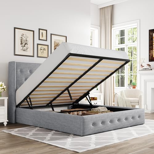 Full Size Lift Up Storage Bed with Wingback Headboard, Hydraulic Support, Light Beige P736605