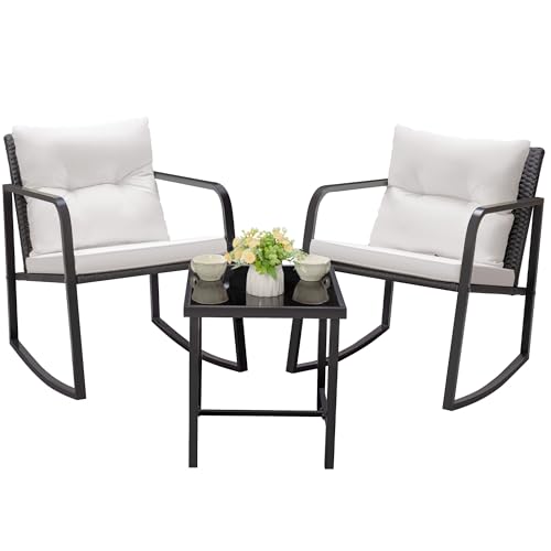 3 Piece Rocking Wicker Bistro Set with Glass Coffee Table J90293