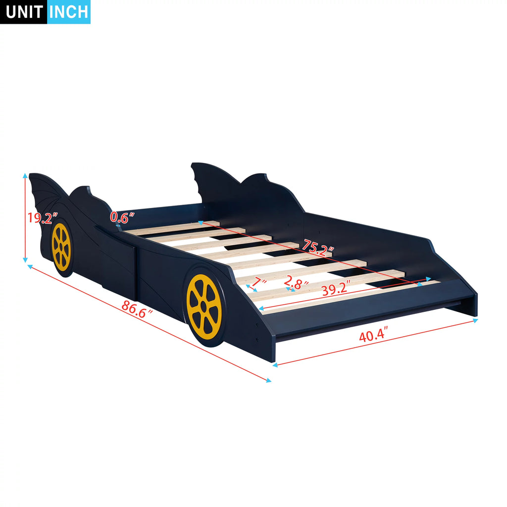 Race Car Shaped Twin Bed Frame with Wheels, Wooden Slats, No Box Spring Needed E72786