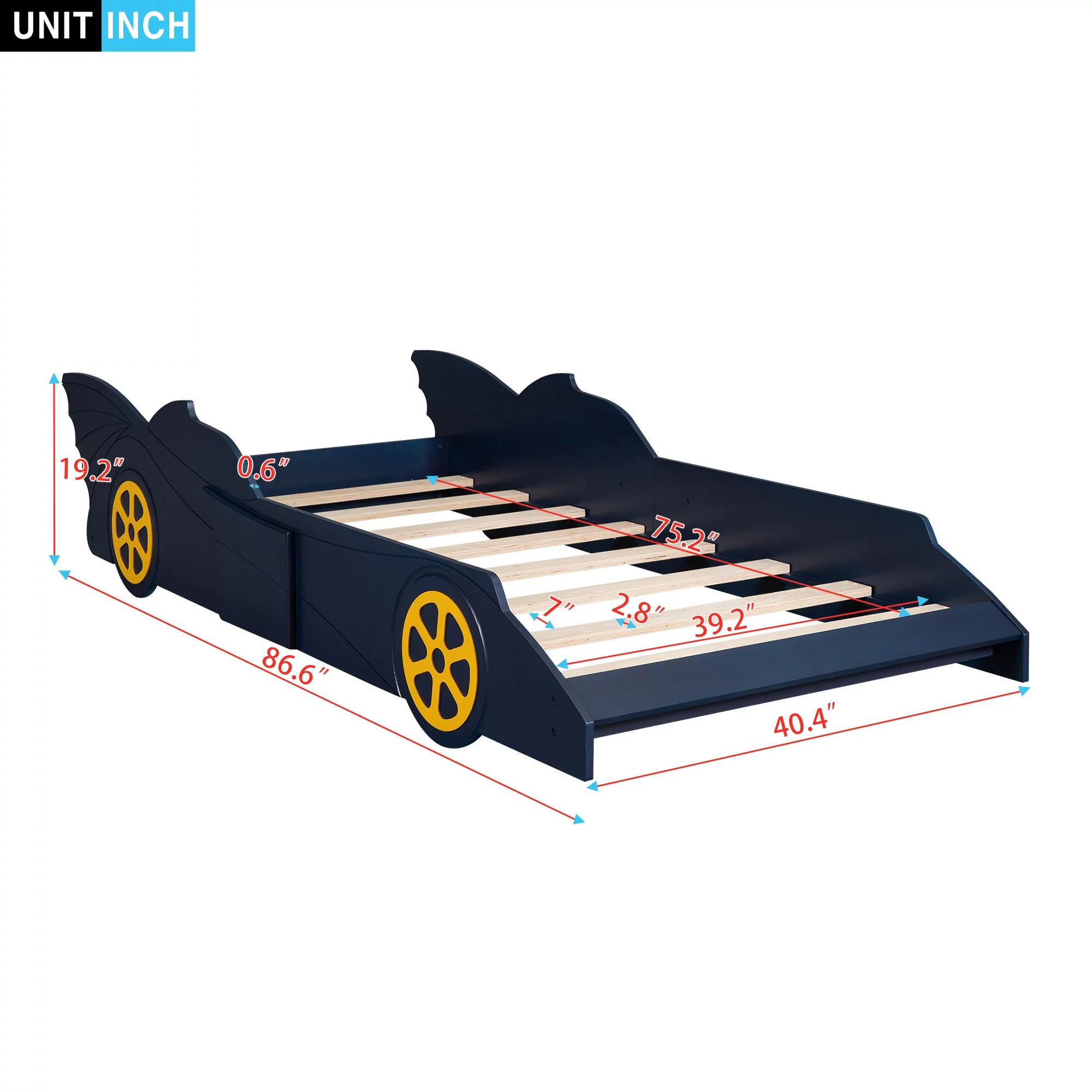 Race Car Shaped Twin Bed Frame with Wheels, Wooden Slats, No Box Spring Needed E72786