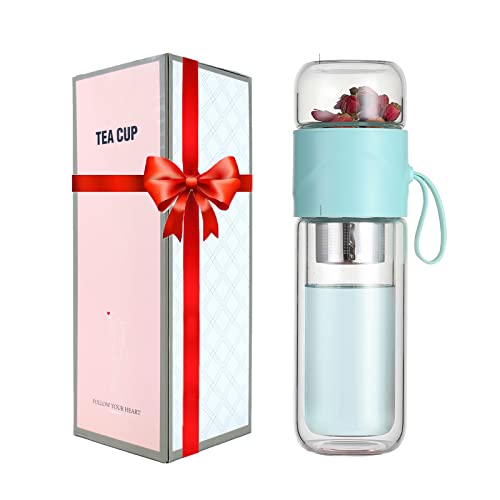 Double Wall Glass Tea Bottle Portable Tea Tumbler with Infuser Dual-use Tea Infusers for Loose Tea Leak-Proof Travel Tea Mug Tea Strainer 14oz Blue