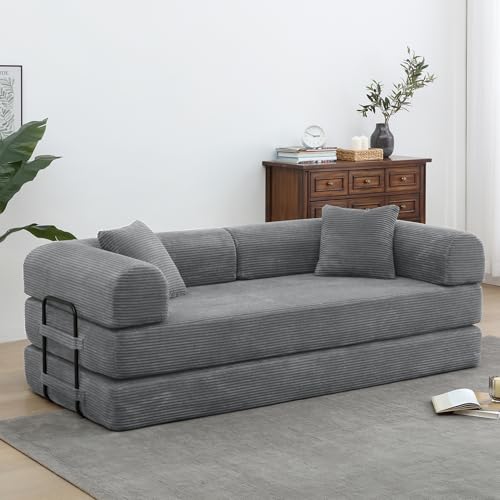 Corduroy Convertible Sleeper Sofa Bed with Pillow, Beige O72530