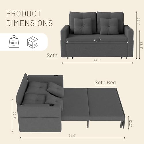 Convertible Sleeper Sofa Bed with Cup Holders, Grey H654808