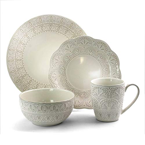 Round Embossed Stoneware Dinnerware Dish Set, 16 Piece, White R653634