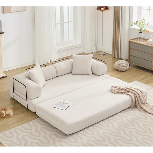 Corduroy Convertible Sleeper Sofa Bed with Pillow, Beige O72530