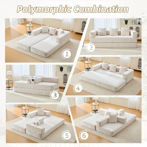 Corduroy Convertible Sleeper Sofa Bed with Pillow, Beige O72530