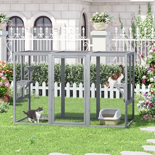 Outdoor Cat Enclosure with Platforms and Litter Box, Grey C6248