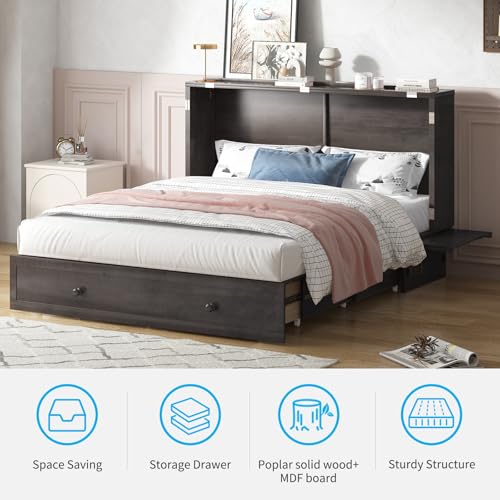 Queen Size Murphy Bed with Tri-Folding Mattress and Charging Station T181