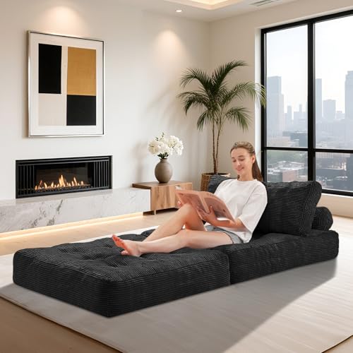 Folding Sofa Bed with Dual Pillow and Handle, Convertible Sleeper Chair, Black M821