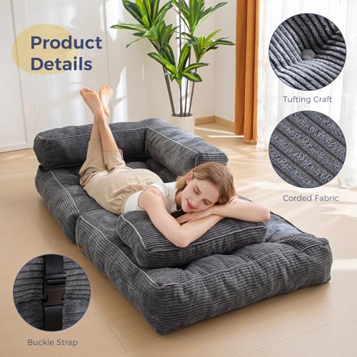 Folding Sofa Bed, L-Shaped Convertible Sleeper Couch with Armrest and Pillow, Dark Grey M375676
