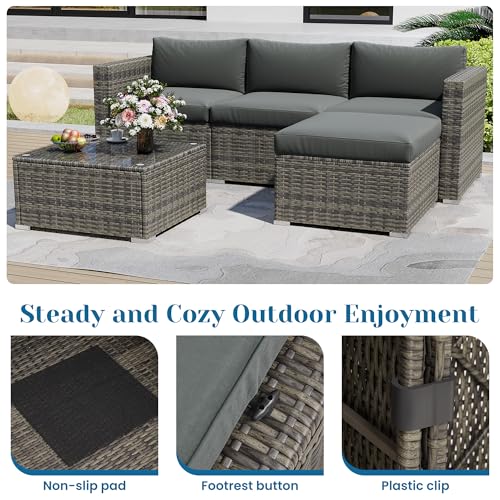 Outdoor Patio Furniture Set with Glass Tea Table, PE Rattan Wicker, Washable Cushions, Grey K8525