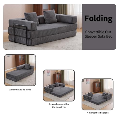 Corduroy Convertible Sleeper Sofa Bed with Pillow, Beige O72530