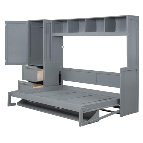 Queen Size Murphy Bed Wall Bed with Closet and Drawers, Foldable Platform Bed K658611