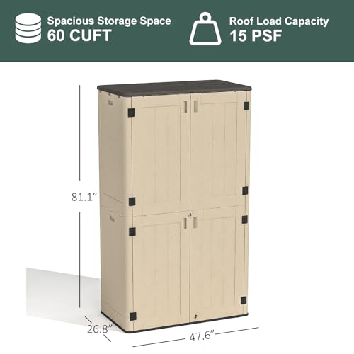 60 Cu.Ft Vertical Outdoor Storage Shed, All-Weather Resin Cabinet with Lockable Floor I975