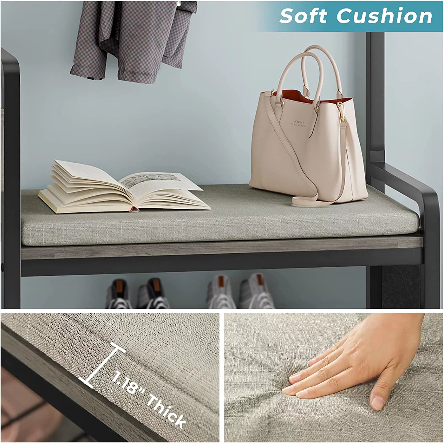 Hall Tree Entryway Bench with Shoe Rack, Coat Storage and Cushion H2209