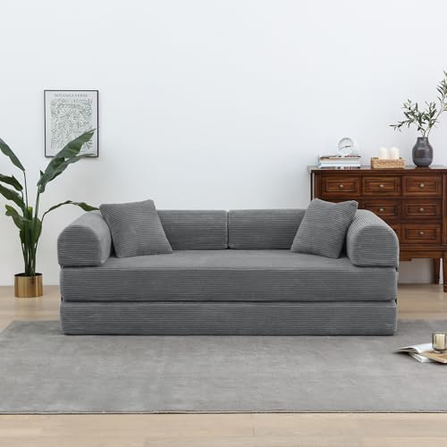 Corduroy Convertible Sleeper Sofa Bed with Pillow, Beige O72530