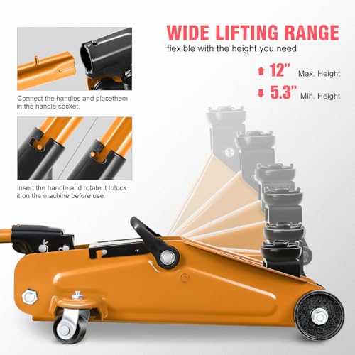 Floor Jack 3 Ton Capacity, Low Profile Heavy Duty Hydraulic Car Jack, Lifting Range 3"-20" O821
