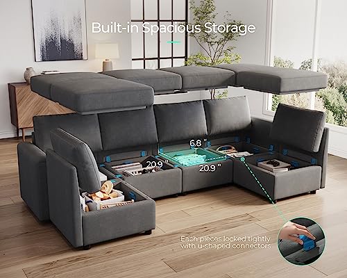 Modular Sectional Sofa with Storage, U Shaped Couch, Blue Y4358