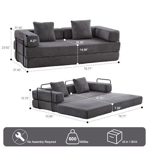 Corduroy Convertible Sleeper Sofa Bed with Pillow, Beige O72530