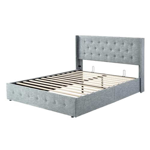 Full Size Lift Up Storage Bed with Wingback Headboard, Hydraulic Support, Light Beige P736605