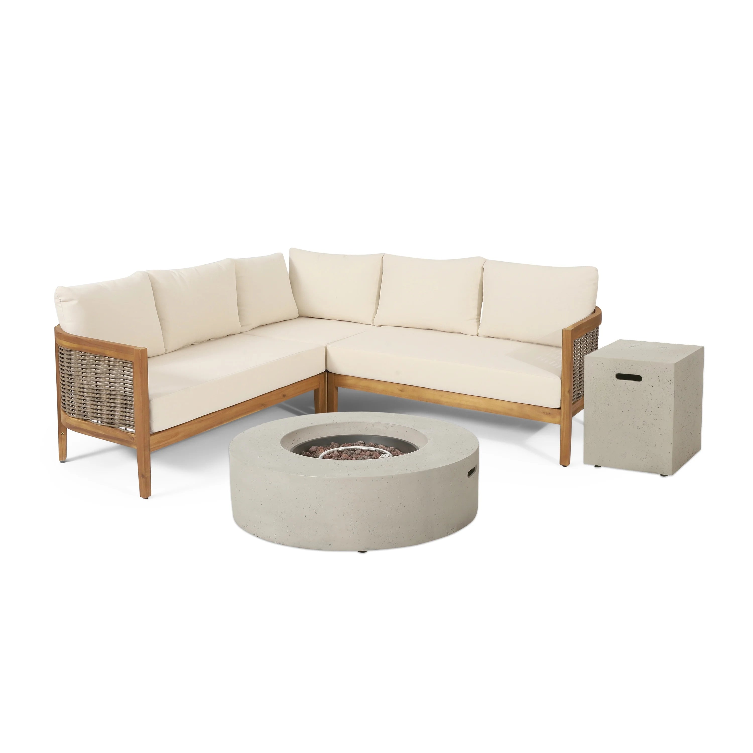 Outdoor Acacia Wood Wicker 5 Seater Sectional Sofa with Fire Pit Q3799
