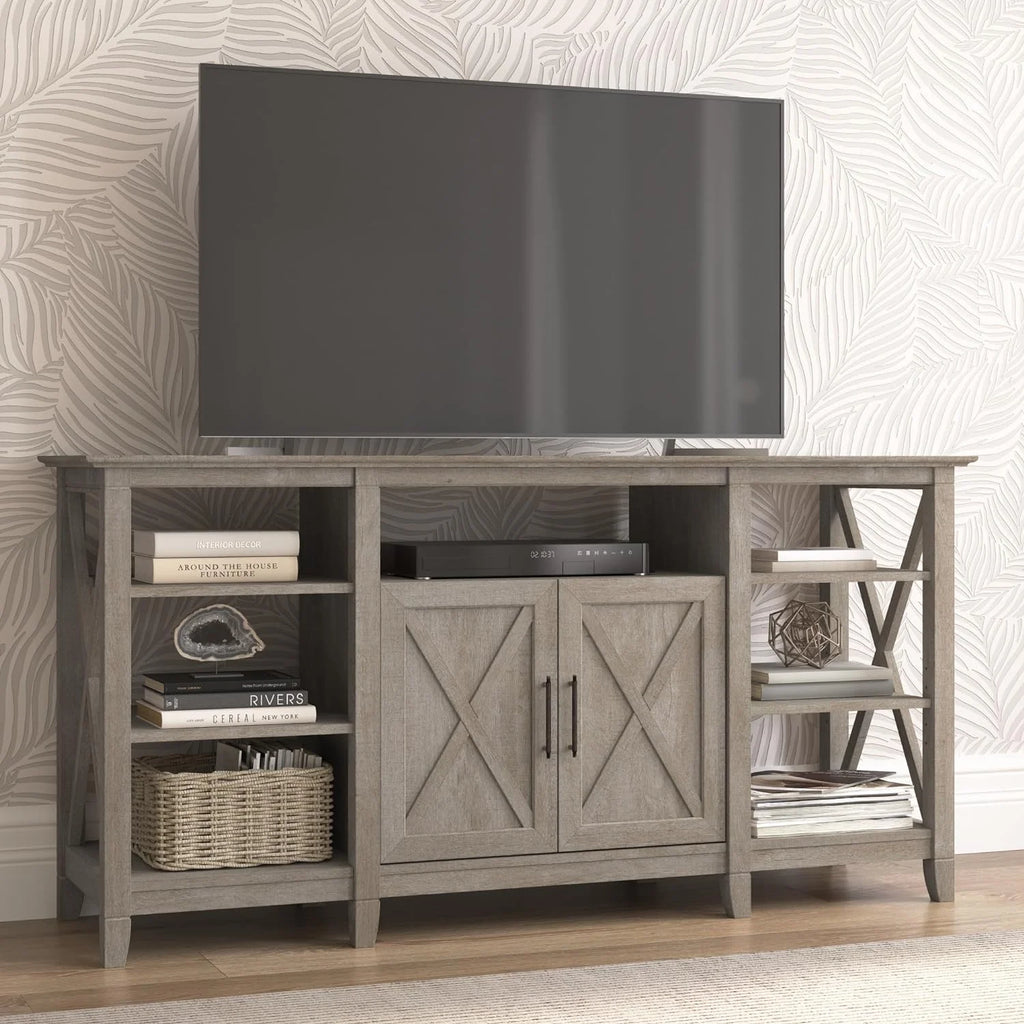 Tall Stand for 65 Inch TV, Farmhouse Entertainment Center with Storage, Washed Gray E4925