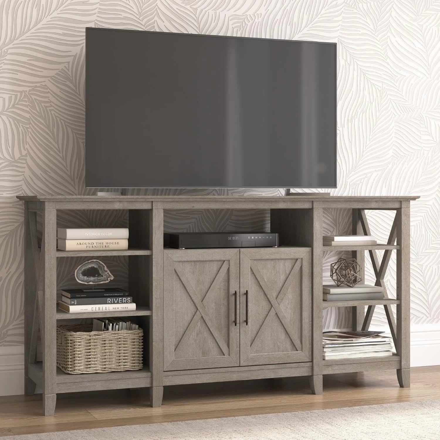 Tall Stand for 65 Inch TV, Farmhouse Entertainment Center with Storage, Washed Gray E4925