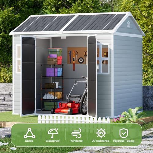 Resin Storage Shed, Waterproof Outdoor Tool Shed with Floor, Double Lockable Doors I89690