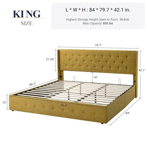 Full Size Lift Up Storage Bed with Wingback Headboard, Hydraulic Support, Light Beige P736605
