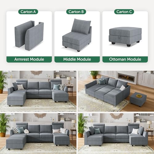 Modular Sectional Sofa U Shaped Couch with Storage Seat, Bluish Grey U352489