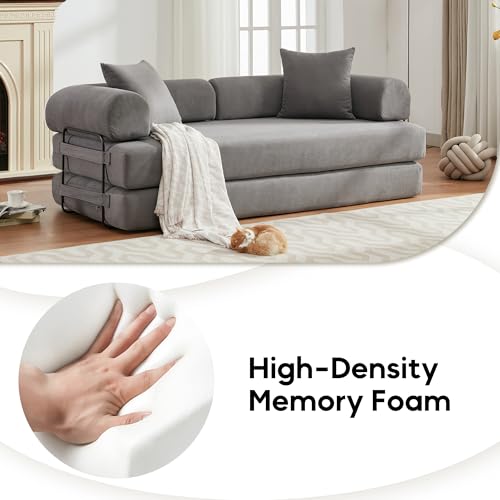 Corduroy Convertible Sleeper Sofa Bed with Pillow, Beige O72530