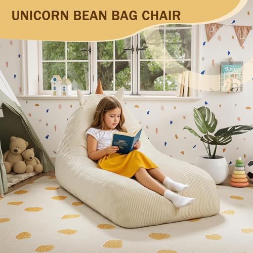 Unicorn Bean Bag Chair for Kids with Filler, Corduroy Floor Lounger, Pink W9694