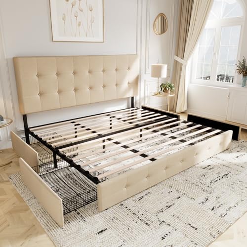 Upholstered Queen Platform Bed Frame with 4 Storage Drawers and Headboard G724955