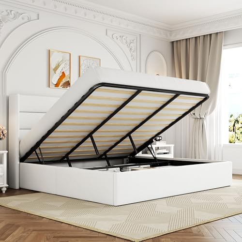 Full Size Lift Up Storage Bed with Wingback Headboard, Hydraulic Support, Light Beige P736605
