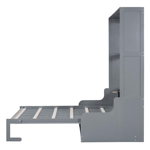 Murphy Bed Queen Size with Cushion, Foldable Sofa Bed Frame with Slat Support, White C2974