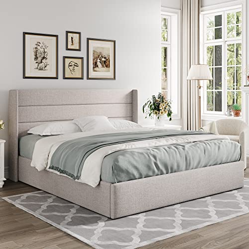 Full Size Lift Up Storage Bed with Wingback Headboard, Hydraulic Support, Light Beige P736605