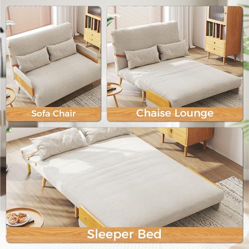 Convertible Chair Bed Sleeper for Adults, Linen with Wooden Arms & Pillows, Foldable Single Futon Sofa Bed Q683821
