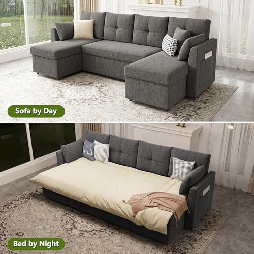 Oversized Sleeper Sofa Couch with Double Storage Chaise, Dark Grey B422253