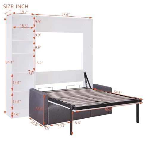 Murphy Bed Queen Size with Cushion, Foldable Sofa Bed Frame with Slat Support, White C2974