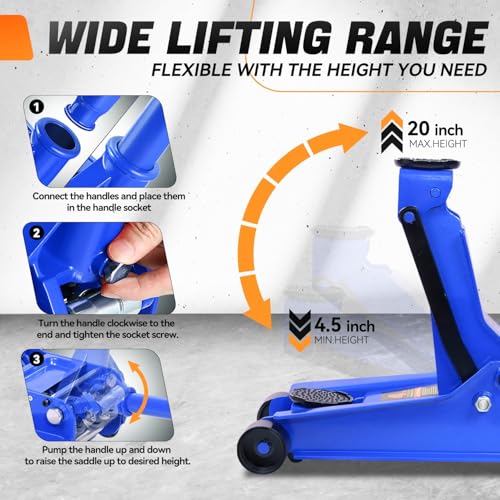 4 Ton Low Profile Floor Jack, Heavy Duty Steel Hydraulic with Dual Pistons Quick Lift Pump P3195
