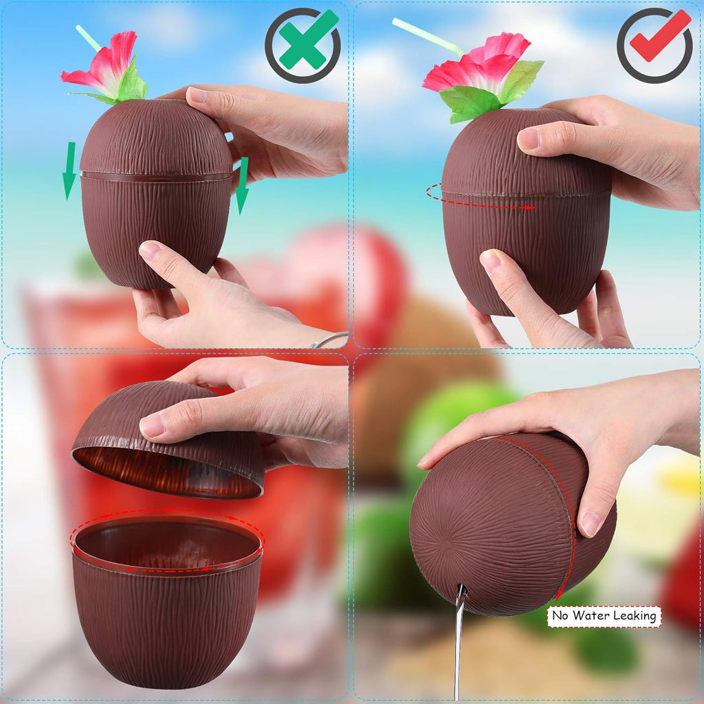 Coconut Cups with Hibiscus Straws for Luau Party Drink Decoration K21784