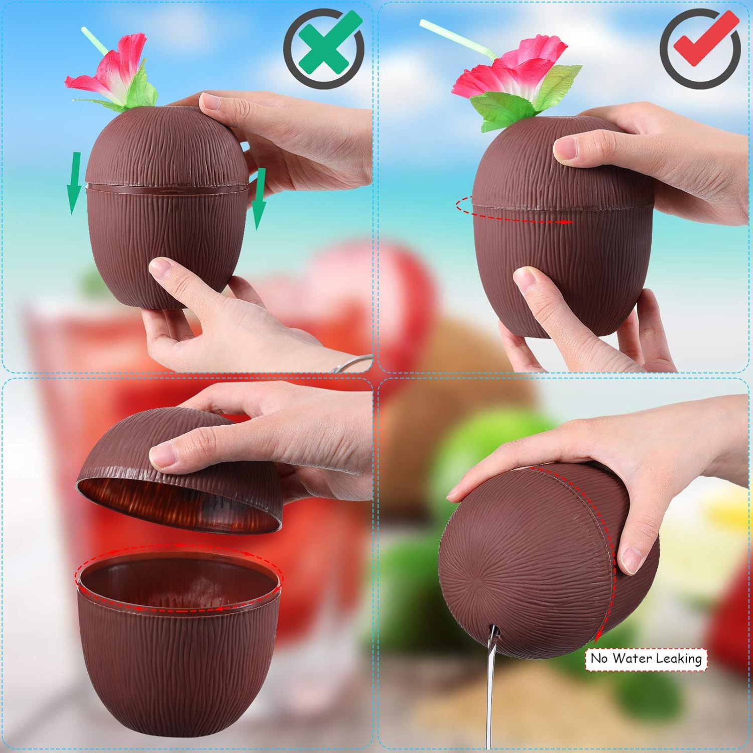 Coconut Cups with Hibiscus Straws for Luau Party Drink Decoration K21784