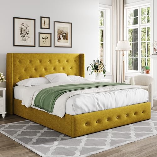 Full Size Lift Up Storage Bed with Wingback Headboard, Hydraulic Support, Light Beige P736605
