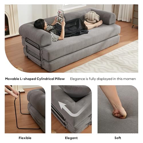 Corduroy Convertible Sleeper Sofa Bed with Pillow, Beige O72530