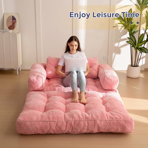 Folding Sofa Bed, L-Shaped Convertible Sleeper Couch with Armrest and Pillow, Dark Grey M375676