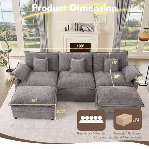 U Shaped Modular Sectional Sofa with Ottoman, Chenille, Black Z16537