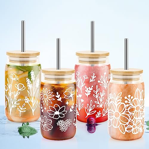 Glass Cups with Bamboo Lids and Straws, 4 Pack 16oz Iced Coffee Tumbler Y1490