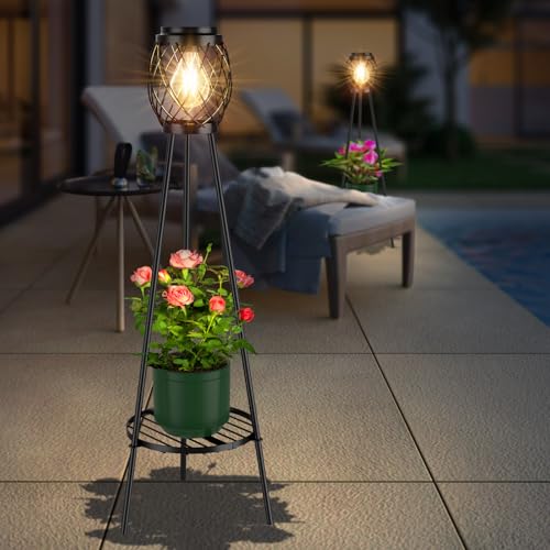 Solar Lights Outdoor with Plant Stands, Metal Tripod Patio Lamp B77585