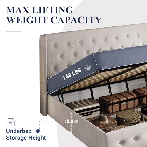 Full Size Lift Up Storage Bed with Wingback Headboard, Hydraulic Support, Light Beige P736605